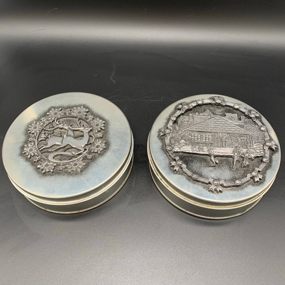 2 winter/Holiday/Christmas vintage Metzke tins with pewter scene